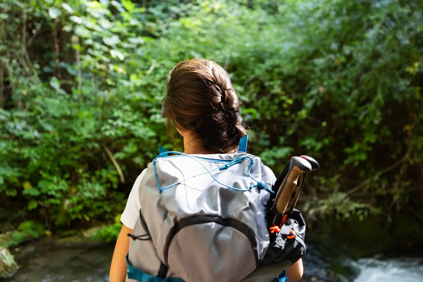 Rear view of a woman with a backpack exploring nature.