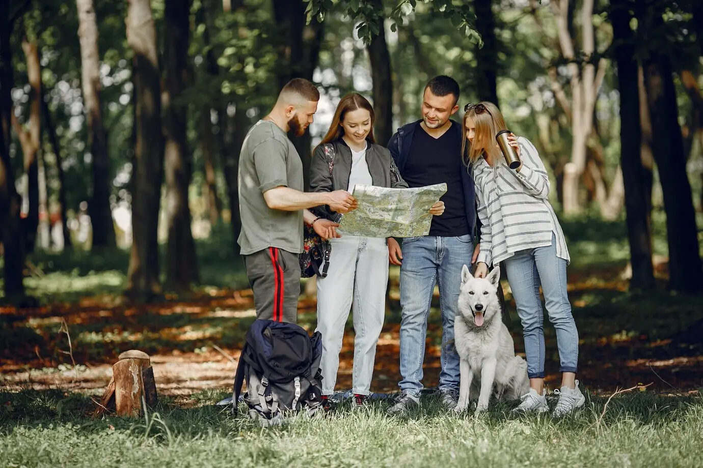 Four friends are relaxing in a forest.